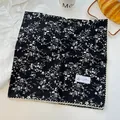 Elegant black floral print 100% cotton square scarf with delicate white lace trim - White Crochet Edge Scarf / Black Starry