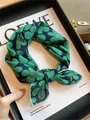 Japanese style navy blue cotton square scarf with green clover floral pattern hair tie - Retro Green Small Flowers