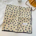 Beige 100% cotton square scarf featuring blue floral prints and an elegant black lace trim - Black Crochet Edge Scarf / Beige Blue Floral