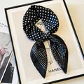 Elegant black and white polka dot silk scarf, perfect for stylish women's fashion accessories. - Black Base White Dot Scarf / Polka Dot Black