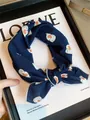 Navy blue cotton square scarf with cute white seal heart pattern for women, Harajuku style - Navy Heart Seal