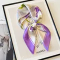 Elegant silk square scarf in taro purple floral print, perfect for neckerchief or hair tie. - French Retro Purple Scarf / Light Purple Flower Print