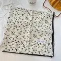 Elegant vintage floral print 100% cotton square scarf with delicate black lace trim - Black Crochet Edge Scarf / Beige Floral