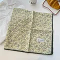 Elegant yellow floral print 100% cotton square bandana scarf with dark green lace trim - Deep Green Crochet Edge Scarf / Yellow Purple Floral