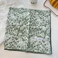 Green floral pattern 100% cotton square scarf with delicate dark green lace trim detail - Deep Green Crochet Edge Scarf / White Green Leaf