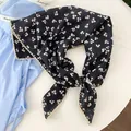 Elegant black floral cotton square scarf with a delicate white lace trim detail. - Beige Crochet Edge Scarf / Black Small Floral