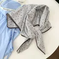 Small grey 100% cotton floral print neckerchief with elegant brown lace trim - Coffee Crochet Edge Scarf / Grey Small Floral