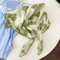 Vintage green floral 100% cotton small square scarf with elegant lace trim for women - Green Crochet Edge Scarf / Green Rose