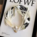 Elegant faux pearl necklace set with black and white floral silk scarf and magnetic clasp - Long Pearl Clasp / Camellia - Off-White