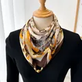 Elegant magnetic triangle silk neck scarf with feather print and gold buckle closure - Colorful Feather Print / 70cm Square With Magnetic Clasp / Brown