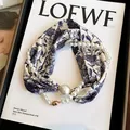 Elegant floral silk scarf necklace set with magnetic pearl clasp for women's fashion. - Long Pearl Clasp / Peony - Navy Blue