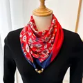 Red and navy floral silk scarf for women featuring an elegant gold magnetic clasp accessory. - Daisy Garden (Magnetic Buckle) / 70*70cm / Red