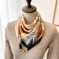 Elegant magnetic triangular neck scarf with silk feel, horse print and golden buckle. - Checkered Steed Print / 70cm Square With Magnetic Clasp / Black Frame