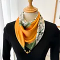 Elegant floral print silk scarf with magnetic gold clasp in vibrant orange and green colors - Daisy Garden (Magnetic Buckle) / 70*70cm / Orange