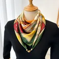 Elegant multi-color magnetic silk triangle scarf with animal and geometric prints for women - Checkered Steed Print / 70cm Square With Magnetic Clasp / Green Frame