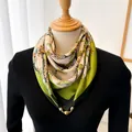Elegant green floral print silk scarf featuring a magnetic gold clasp for women - Jasmine Butterfly (Magnetic Buckle) / 70*70cm / Green
