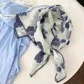 Floral cotton square neck scarf with blue rose print and delicate lace trim - Blue Crochet Edge Scarf / Blue Rose
