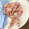 Orange floral print 100% cotton square neck scarf for women with delicate lace edge - Brown Crochet Edge Scarf / Orange Red Small Flowers
