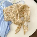 Premium floral print 100% cotton bandana scarf with lace edge finish in beige and tan - Light Brown Crochet Edge Scarf / Khaki Flower