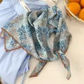 Elegant light blue 100% cotton printed square scarf with unique brown lace trim - Brown Crochet Edge Scarf / 70*70cm / Blue