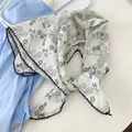 Small white cotton square scarf with blue floral print and delicate black lace trim detail - Black Crochet Edge Scarf / 70*70cm / White