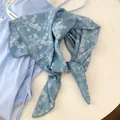 Premium 100% cotton floral print square neck scarf with delicate lace trim in sky blue - Blue Crochet Edge Scarf / 70*70cm / Blue