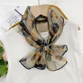 Yellow and black floral print chiffon long scarf for women with elegant thin texture - 35*140cm / Psychedelic Stamen (Ginger and Black Abstract)