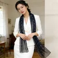 Elegant navy blue long chiffon scarf with white polka dots for stylish women's outfit - Polka Dot / Black