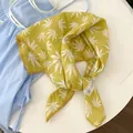 Yellow 100% cotton square scarf featuring a white leaf print and delicate lace trim detail - Yellow Crochet Edge Scarf / 70*70cm / Yellow
