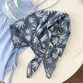 Blue cotton square neckerchief featuring white leaf prints and delicate lace crochet edges - Blue Crochet Edge Scarf / 70*70cm / Blue