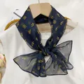 Elegant navy sheer scarf with yellow floral print, 35x140cm stylish long summer wrap. - Shining Star Pattern / Navy Blue