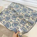 Elegant blue floral printed cotton square scarf with decorative scalloped edges - Vintage Pattern Wave Edge Scarf / Light Blue Branches