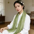Elegant long green silk scarf with white tulip floral pattern for summer sun protection - Early Moss Pattern / Grass Green