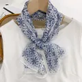 Elegant blue floral silk scarf 35x140cm thin summer sun protection shawl for women - Blue Flower Whispers Style / White