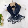 Elegant navy blue sheer chiffon scarf with white stripes and floral pattern for women - Navy Camellia