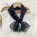 Elegant navy blue floral print long chiffon scarf for women, lightweight summer accessory - Lace Floral Print Long Scarf / Dark Blue (Kaleidoscope)