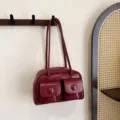 Vintage wine red underarm Boston bag with shiny finish and front double pockets - Burgundy