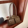 Vintage dark brown Boston shoulder bag for women with stylish dual front pockets - Coffee