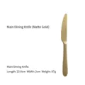 Matte gold stainless steel dinner knife, 22.6cm length, elegant brushed finish - Dinner Knife / 22.6x2cm