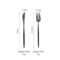 Matte black stainless steel knife and fork set with size and weight measurements - Cutlery