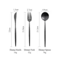 Professional matte black stainless steel cutlery set with detailed item dimensions - Knife, Fork, and Spoon