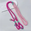 Handcrafted pink braided phone lanyard strap featuring iridescent pearl charms - Pink and Rose Red