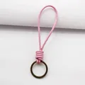 Handmade pink cowhide leather wrist strap keychain with a vintage bronze metal ring - Pink Leather Rope + Bronze Key Buckle / Pink