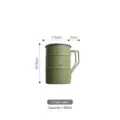 Taza de camping de acero inoxidable verde militar de 350 ml con medidas detalladas - +3.50 / Estilo con Etiqueta Redonda / Verde Militar