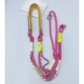 Hand-woven adjustable phone lanyard in bright pink with yellow and white woven accents - Rose Red