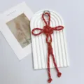 Handmade red woven Chinese knot bag charm and keychain accessory with gold coin charm - Red and White Dots