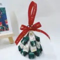 Festive handmade Christmas tree ribbon bow hanging ornament with gold stamping pattern - Green Off-white and Red Bow