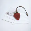 High-quality 3D realistic red strawberry bag charm accessory with brown leather strap - Dark Red Large Strawberry With Dots (Strawberry Pendant)