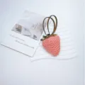 Large 3D realistic pink strawberry bag charm accessory with a brown leather strap - Dark Pink Large Strawberry With Dots (Strawberry Pendant)