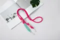 Magenta braided phone lanyard with white hooks and mint accent - Rose Red Rope + Blue + Pink + White Ring